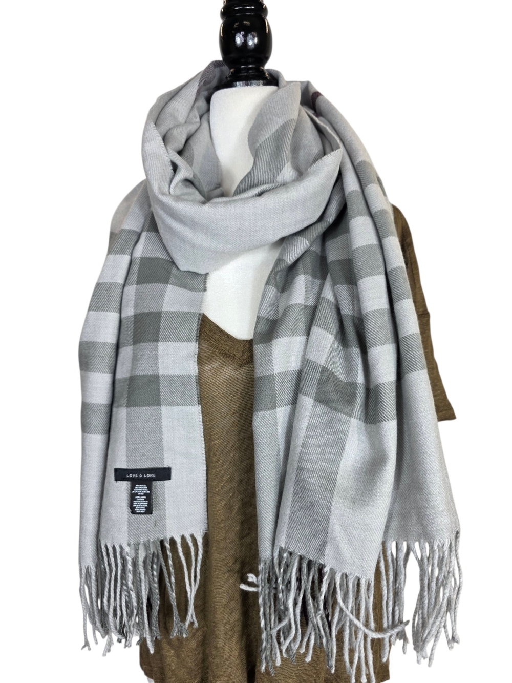 Love & lore Light Gray Plaid Fringe Wrap Scarf